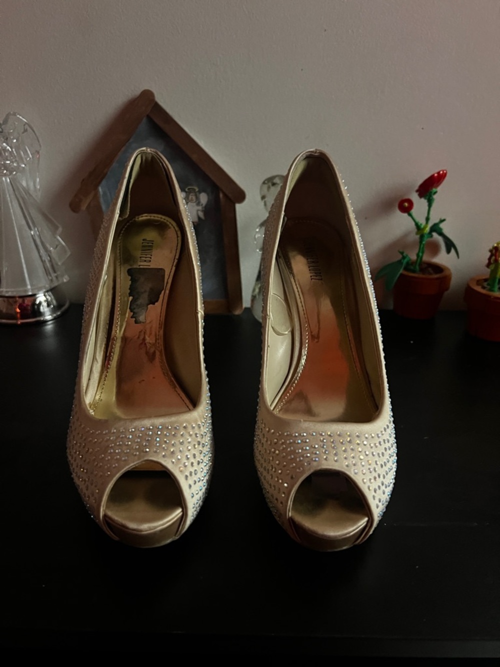 Elegant Cream Peep-Toe Heels with Crystal Detail